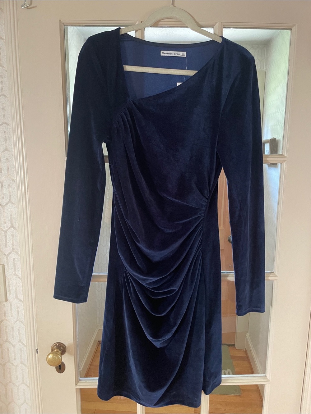 Asymmetrical Velvet Draped Long-Sleeve Dress - Navy